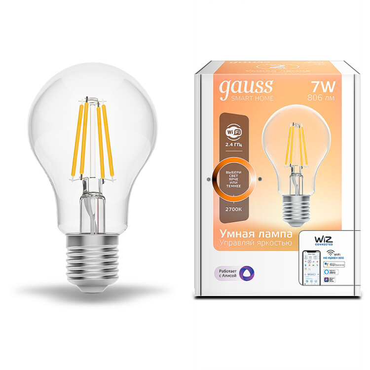 Лампа светодиодная филаментная Gauss Smart Home DIM E27 A60 7 Вт 1/10/40
