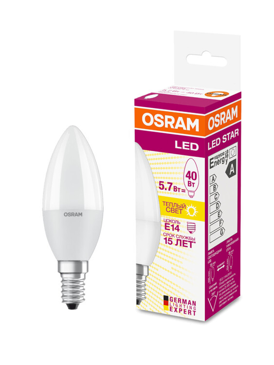 Лампа светодиод. (LED) Свеча Е14  5.5Вт 470лм 2700К 230В матов. Osram
