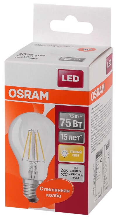 Лампа светодиод. (LED) Груша Е27 филамент.  8Вт 1055лм 2700К 230В прозр. Osram