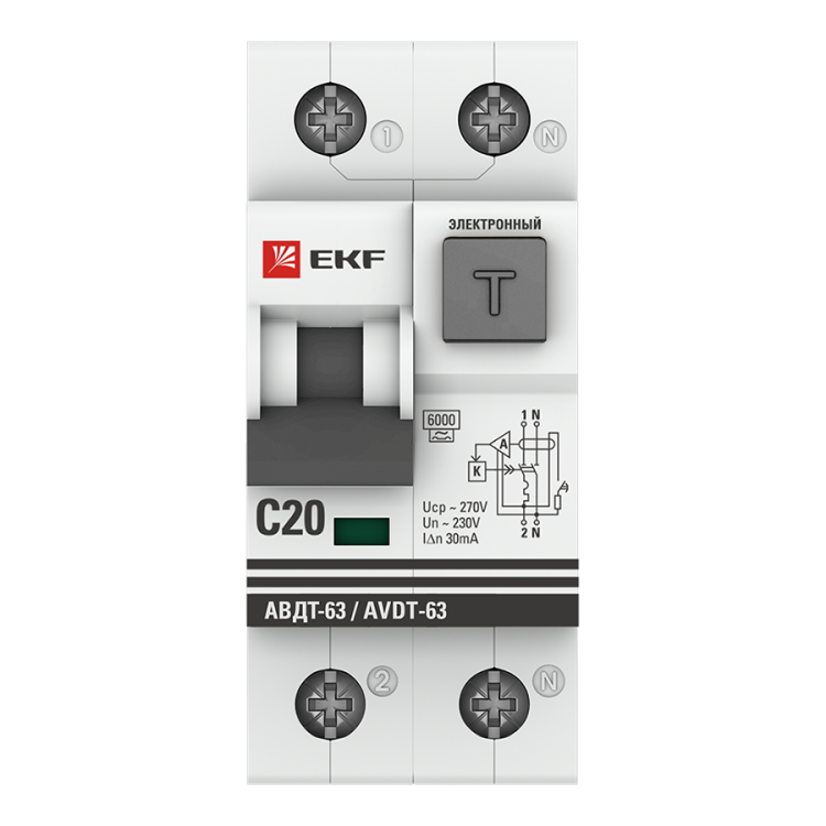 Дифф. автомат (АВДТ) 2-пол. (1P+N)  20А C  30мА тип А  6кА электр. АВДТ-63 EKF PROxima