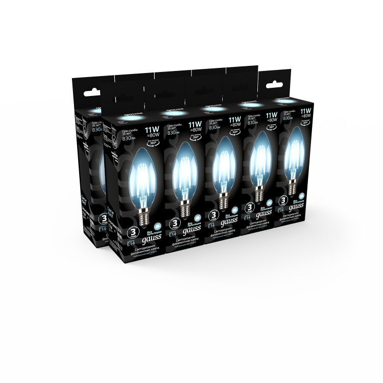 Лампа светодиод. (LED) Свеча Е14 филамент. 11Вт 830лм 4100К 230В прозр. Gauss