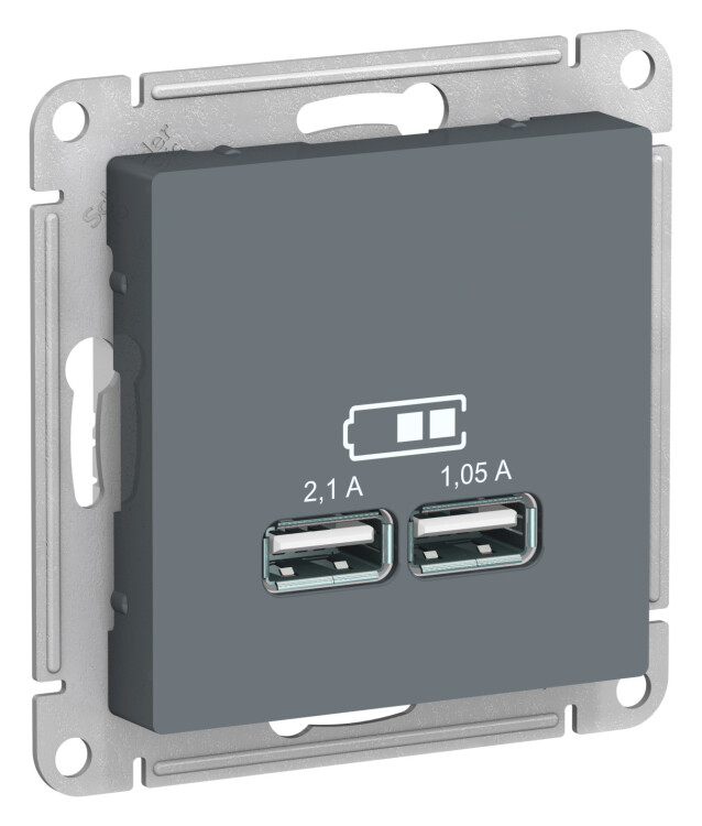 Розетка USB-зарядное устр-во 2-я, 2100мА, грифель  AtlasDesign