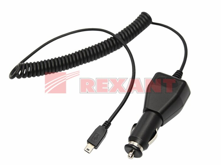 Автозарядка с индикатором mini USB (АЗУ) (5V, 2 000mA) шнур спираль до 2М REXANT, 16-0242