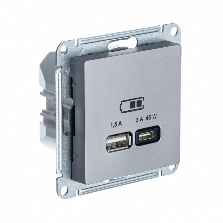 USB РОЗЕТКА A + тип-C 45W высокоскор.заряд. QC, PD, механизм, сталь  AtlasDesign