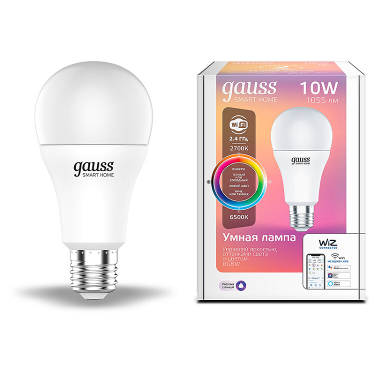 Лампа Светодиодная Gauss Smart Home RGBW E27 A60 10 Вт 2700-6500K 1/10/100
