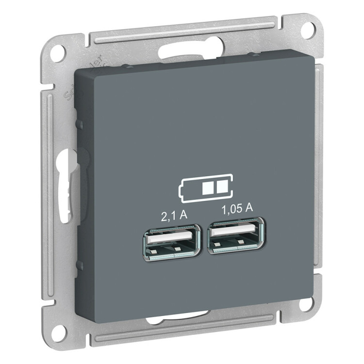 Розетка USB-зарядное устр-во 2-я, 2100мА, грифель  AtlasDesign